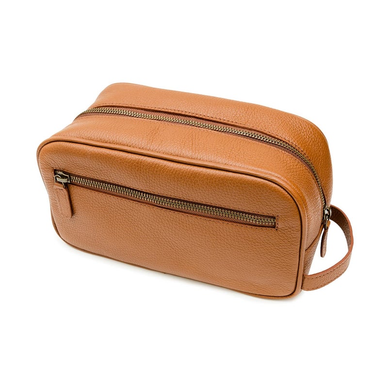 Maruse Italian Leather Toiletry Travel Bag with 2 Zippered Closures for Men and Women, Handmade in Italy, Brown - Image 1